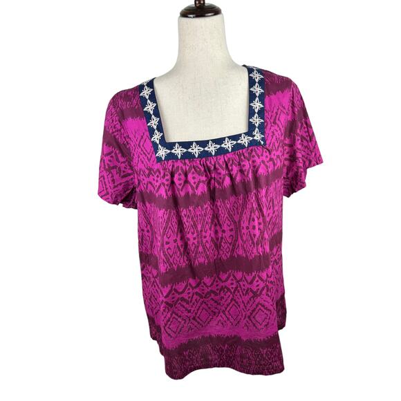 New IZOD Women Rose Luster Tribal Print Square Neck Short Sleeve Top Size 1X - Picture 1 of 7